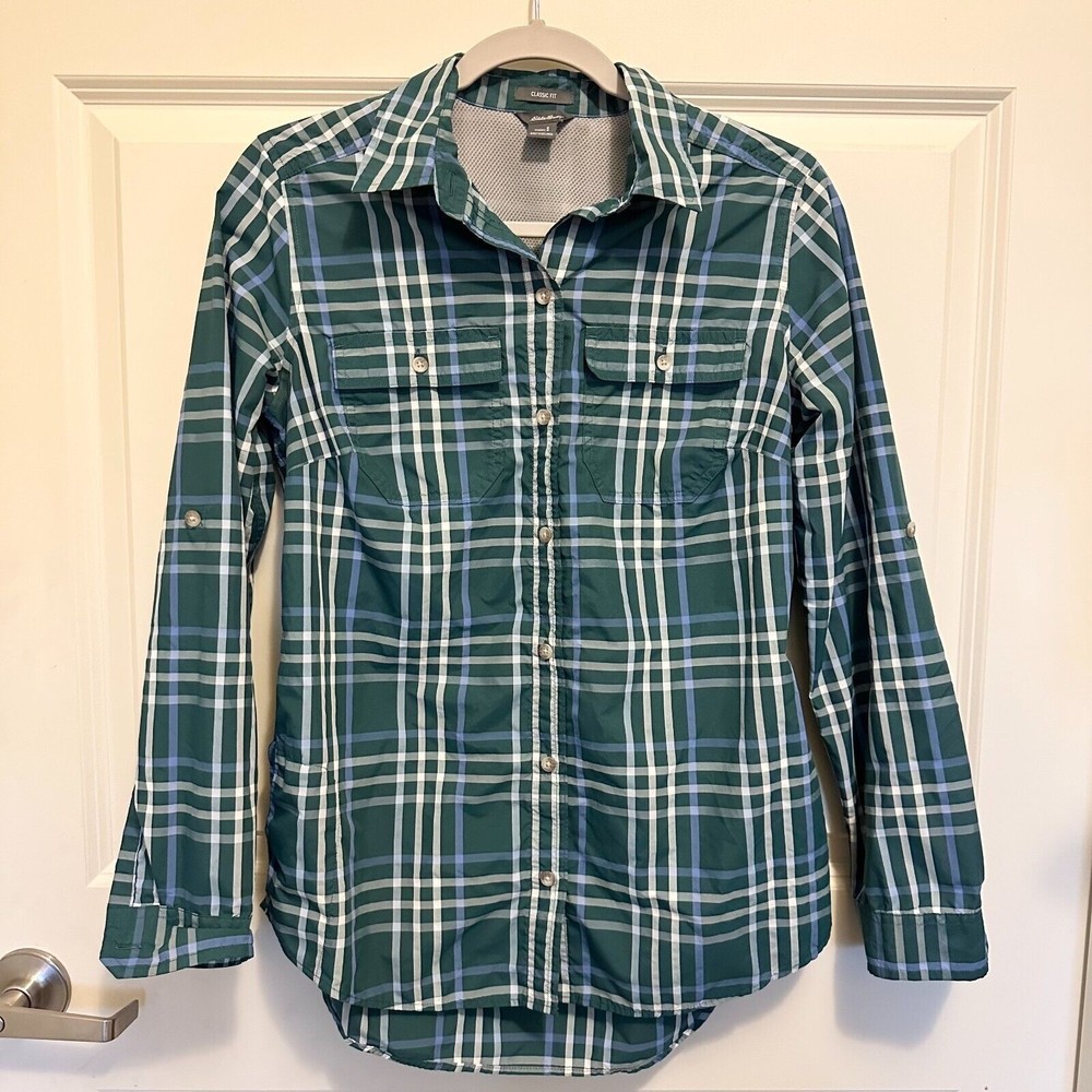 Eddie Bauer Women's Small Roll Tab Sleeve Quick Dry Plaid Button Down Green Blue